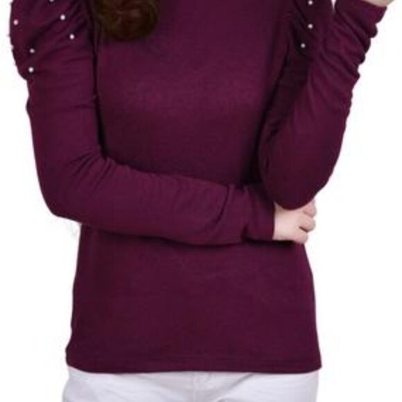 Ny Collection Puff Sleeve Knit Top - Burgundy Enzo - Size Petite Large - NWT - Picture 4 of 5